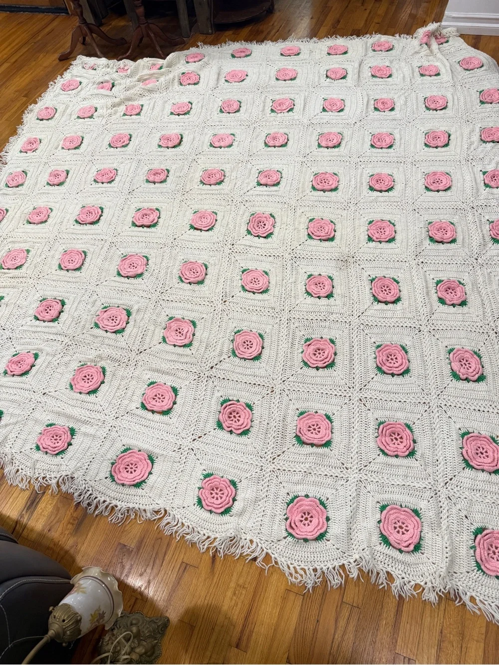 Handmade Cream Crochet Throw Blanket Pink Rose Appliqués King about 117x110”